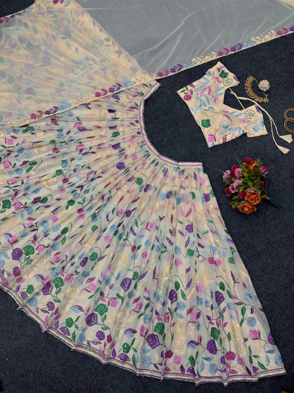 Multi Thread Work Off White Ceremony Wear Lehenga Choli