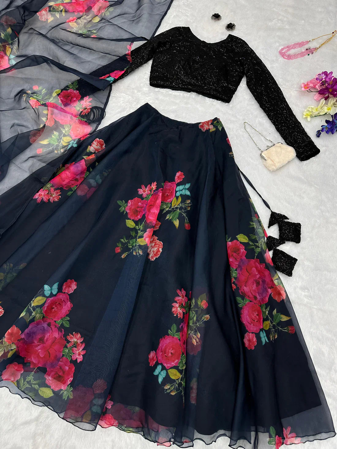 Organza Silk Black Floral Printed Lehenga With Sequence Work Blouse