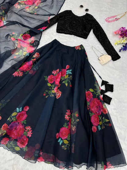 Organza Silk Black Floral Printed Lehenga With Sequence Work Blouse