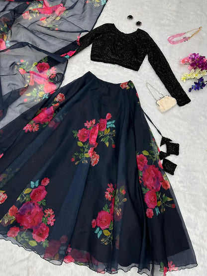Organza Silk Black Floral Printed Lehenga With Sequence Work Blouse