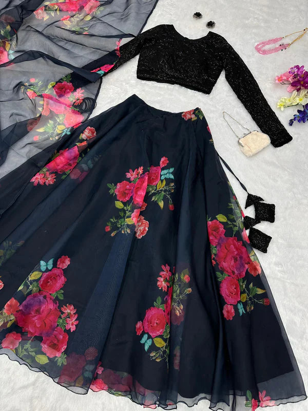 Organza Silk Black Floral Printed Lehenga With Sequence Work Blouse