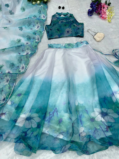 Organza Silk White And Sky Blue Color Lehenga Choli