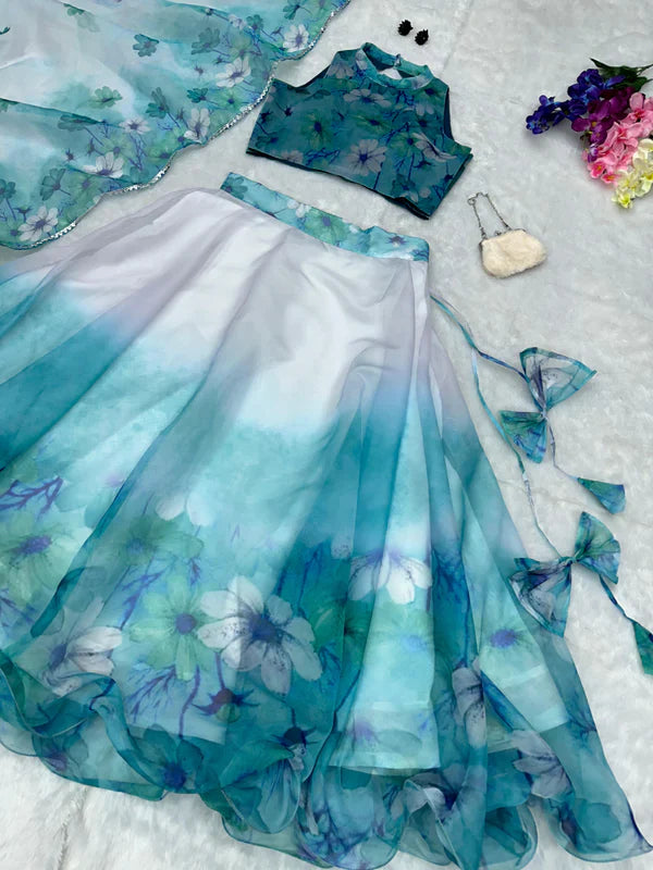 Organza Silk White And Sky Blue Color Lehenga Choli