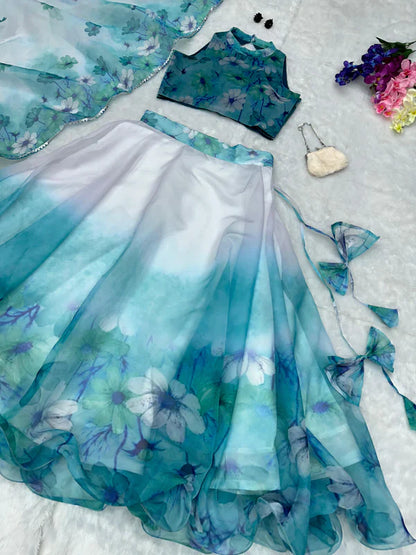 Organza Silk White And Sky Blue Color Lehenga Choli
