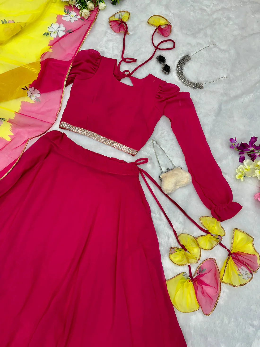 Pink Color Fully Stitched Georgette Lehenga Choli
