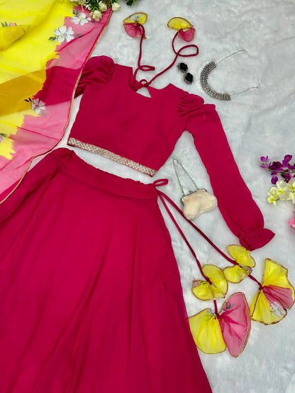 Pink Color Fully Stitched Georgette Lehenga Choli