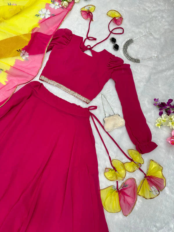 Pink Color Fully Stitched Georgette Lehenga Choli