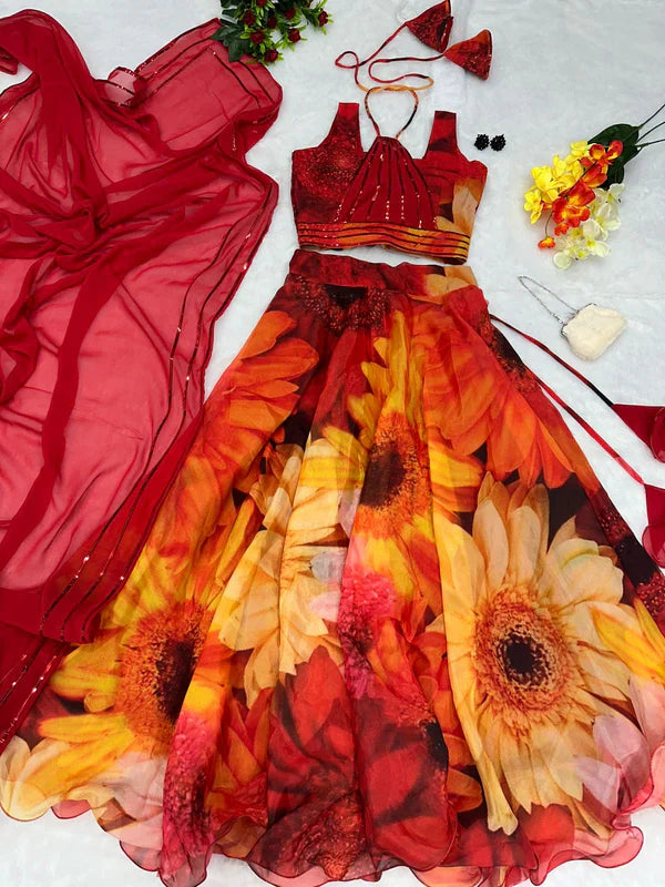 Pretty Multi Color Flower Print Lehenga Choli