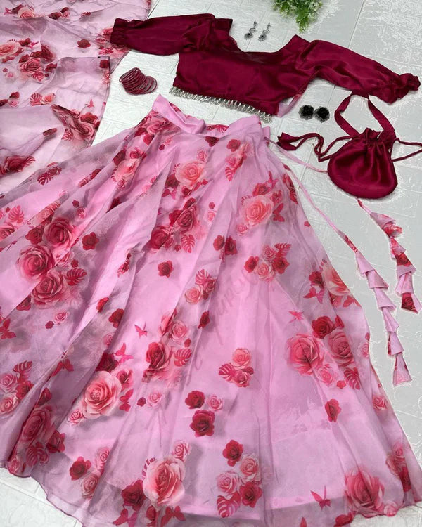 Printed Jimmy Organza Silk Light Pink Color Lehenga Choli