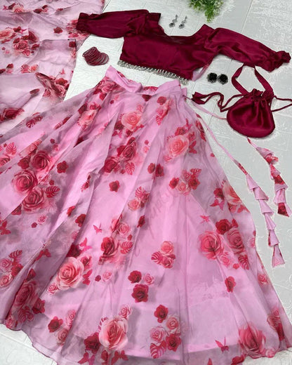 Printed Jimmy Organza Silk Light Pink Color Lehenga Choli