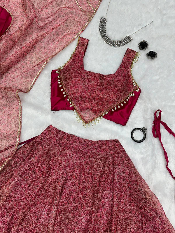 Shining Maroon Digital Printed Lehenga With Designer Blouse