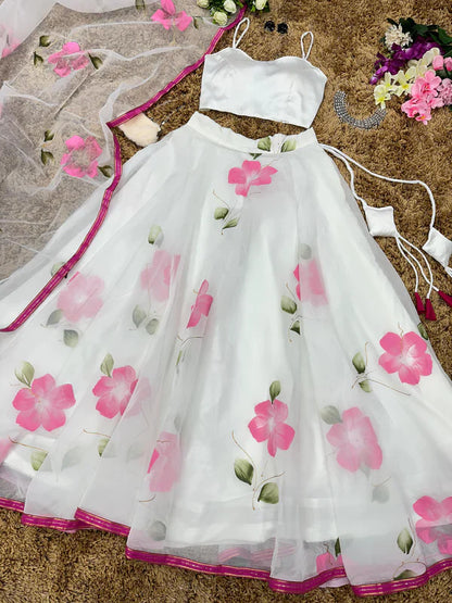 Shining Pink Flower Print With White Color Organza Lehenga Choli