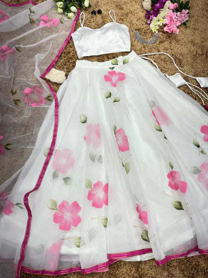 Shining Pink Flower Print With White Color Organza Lehenga Choli