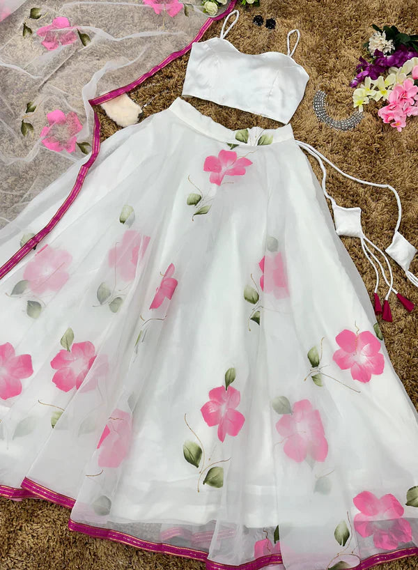 Shining Pink Flower Print With White Color Organza Lehenga Choli