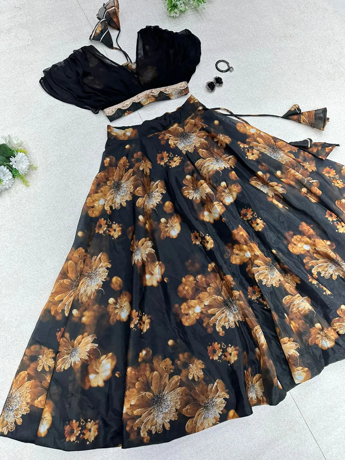 Stylish Black Color Crop Top With Lehenga