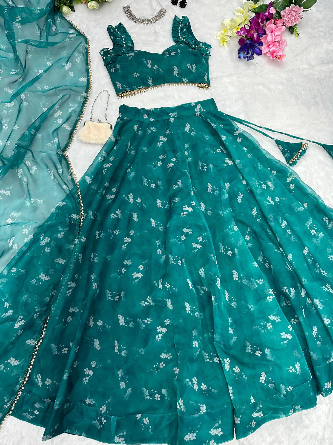 Trendy Digital Printed Organza Silk Green Color Lehenga Choli