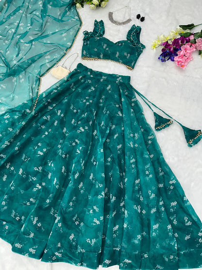 Trendy Digital Printed Organza Silk Green Color Lehenga Choli