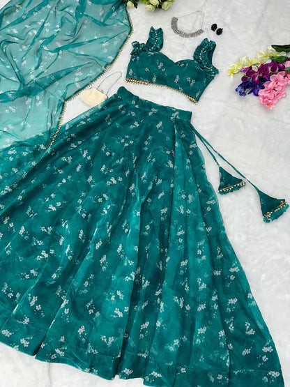 Trendy Digital Printed Organza Silk Green Color Lehenga Choli