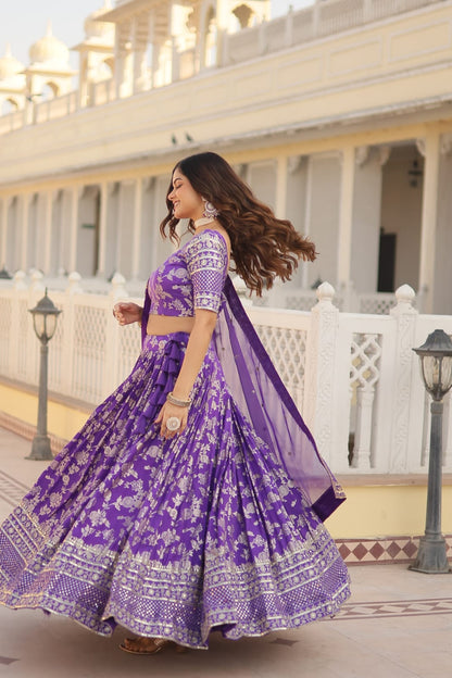 Wedding Wear Lavender Color Jacquard Embroidered Sequins Work Lehenga Choli