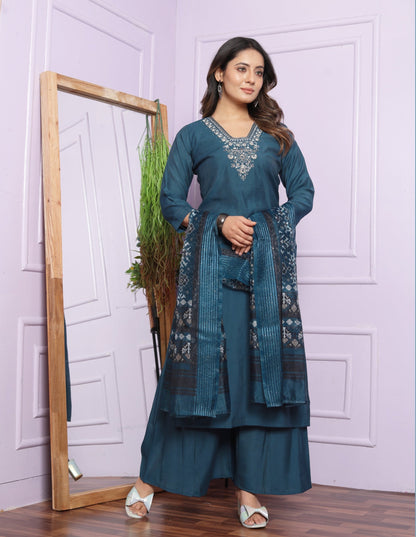 Blue Color Hand Work Art Silk Palazzo Style Salwar Suit Set