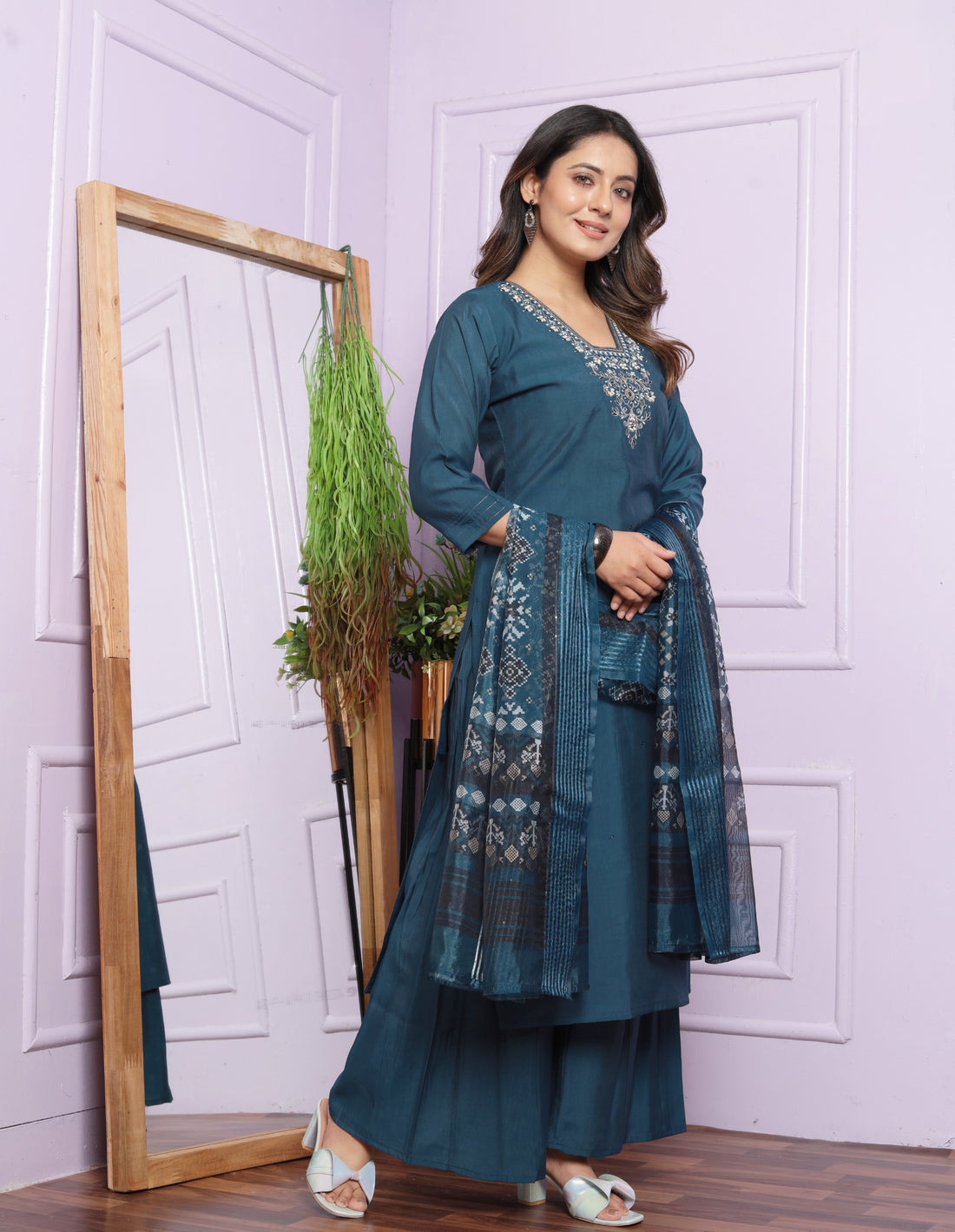 Blue Color Hand Work Art Silk Palazzo Style Salwar Suit Set