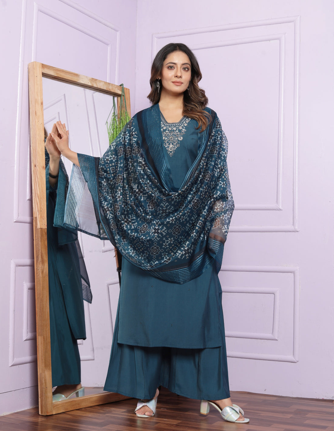 Blue Color Hand Work Art Silk Palazzo Style Salwar Suit Set
