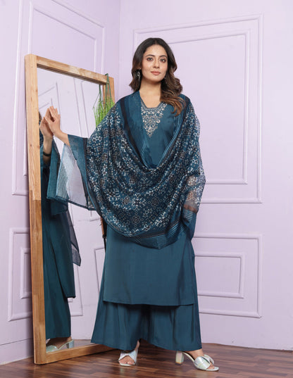 Blue Color Hand Work Art Silk Palazzo Style Salwar Suit Set