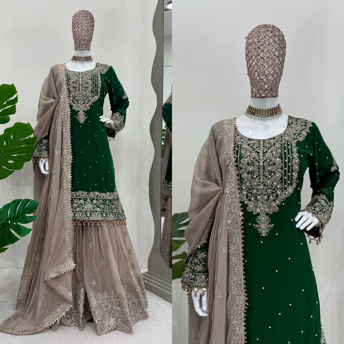Wedding Wear Green Color Faux Georgette With Coding And Sequence With Pearl Work Beautiful Designer Sharara Suit