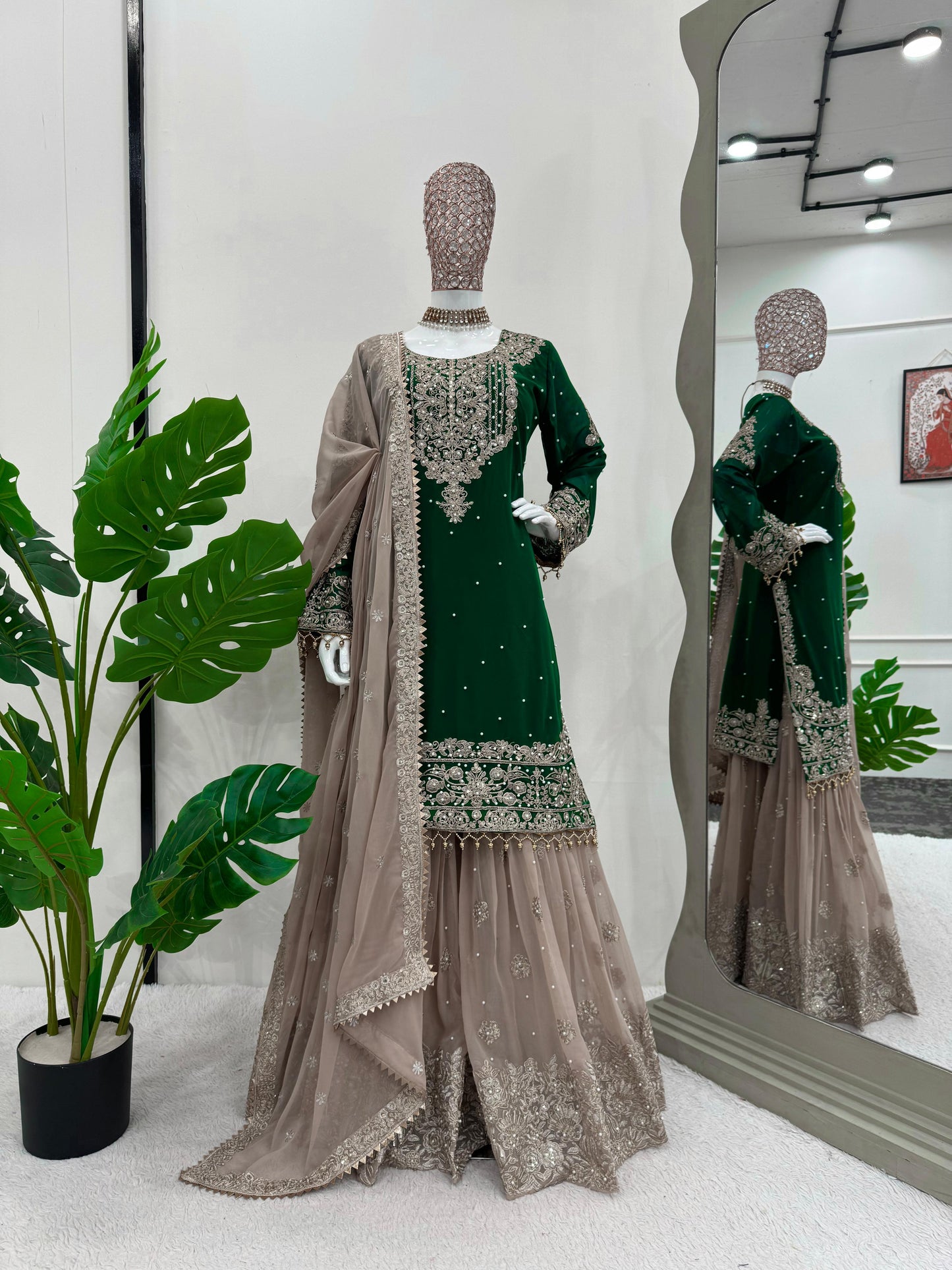Wedding Wear Green Color Faux Georgette With Coding And Sequence With Pearl Work Beautiful Designer Sharara Suit