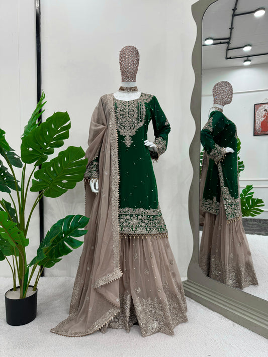 Wedding Wear Green Color Faux Georgette With Coding And Sequence With Pearl Work Beautiful Designer Sharara Suit