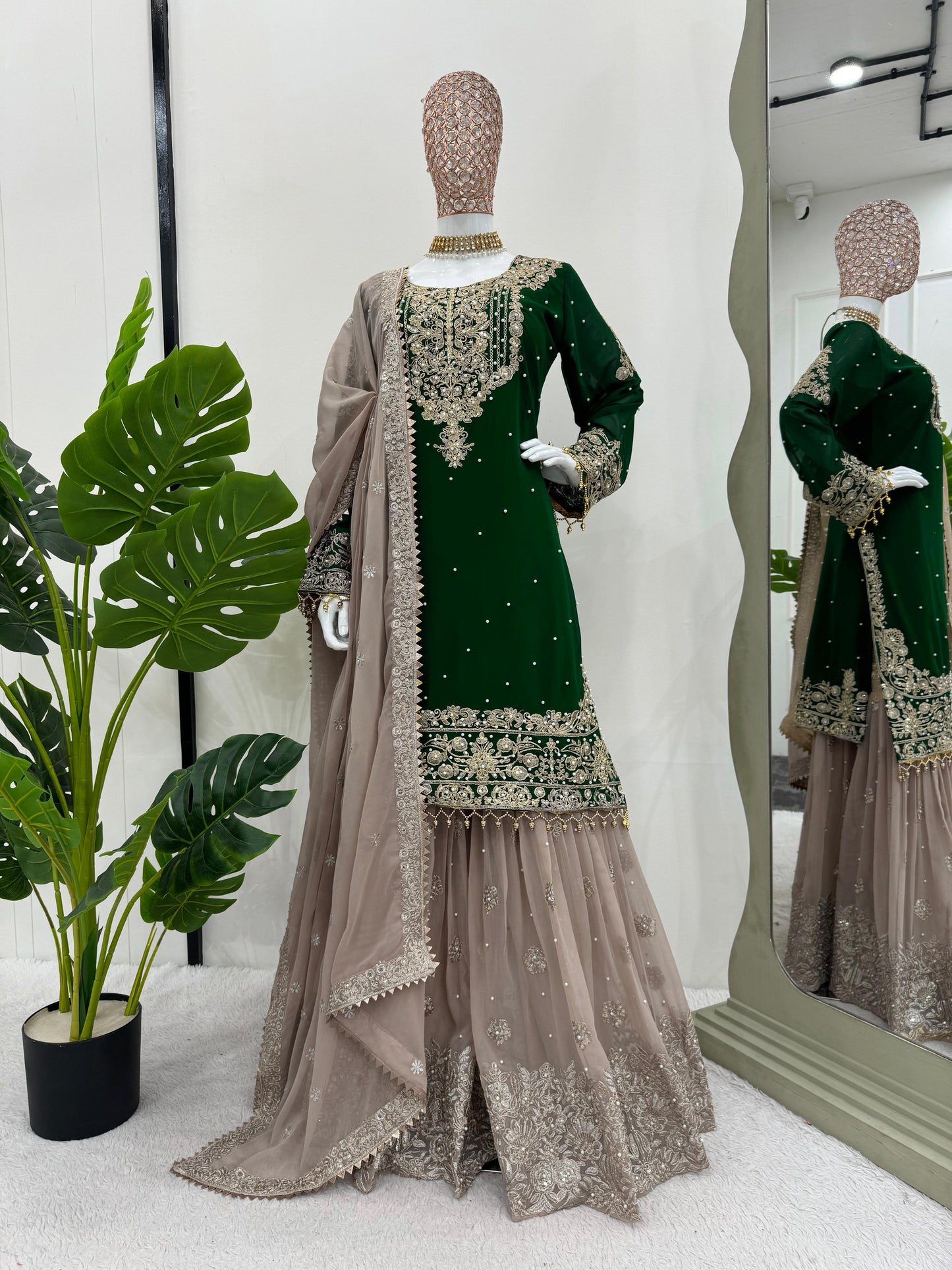 Wedding Wear Green Color Faux Georgette With Coding And Sequence With Pearl Work Beautiful Designer Sharara Suit