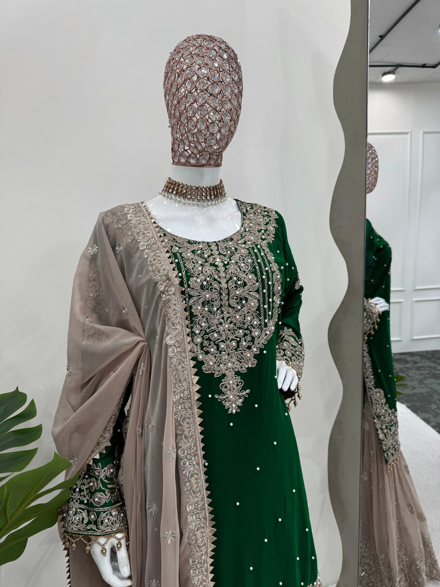 Wedding Wear Green Color Faux Georgette With Coding And Sequence With Pearl Work Beautiful Designer Sharara Suit
