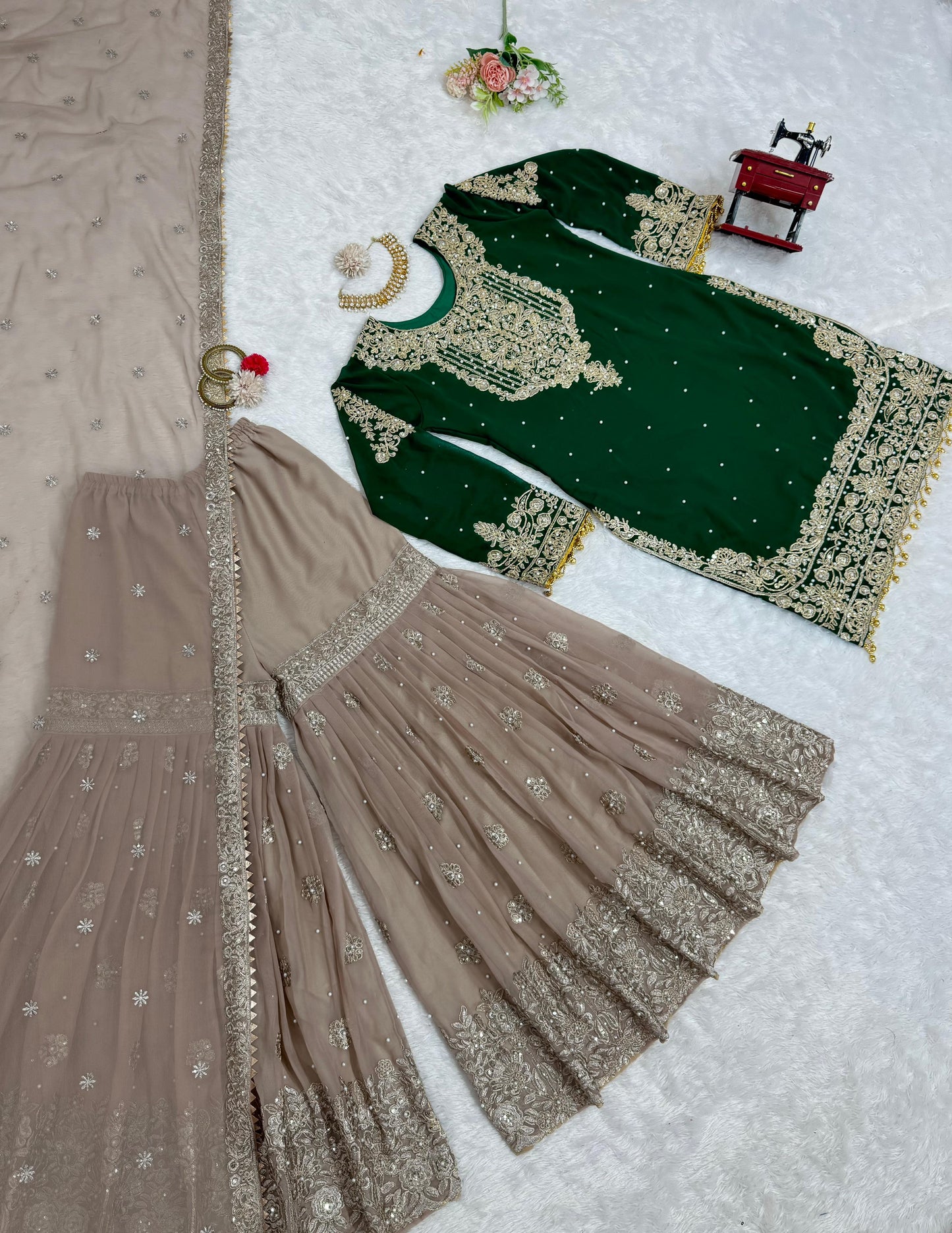 Wedding Wear Green Color Faux Georgette With Coding And Sequence With Pearl Work Beautiful Designer Sharara Suit