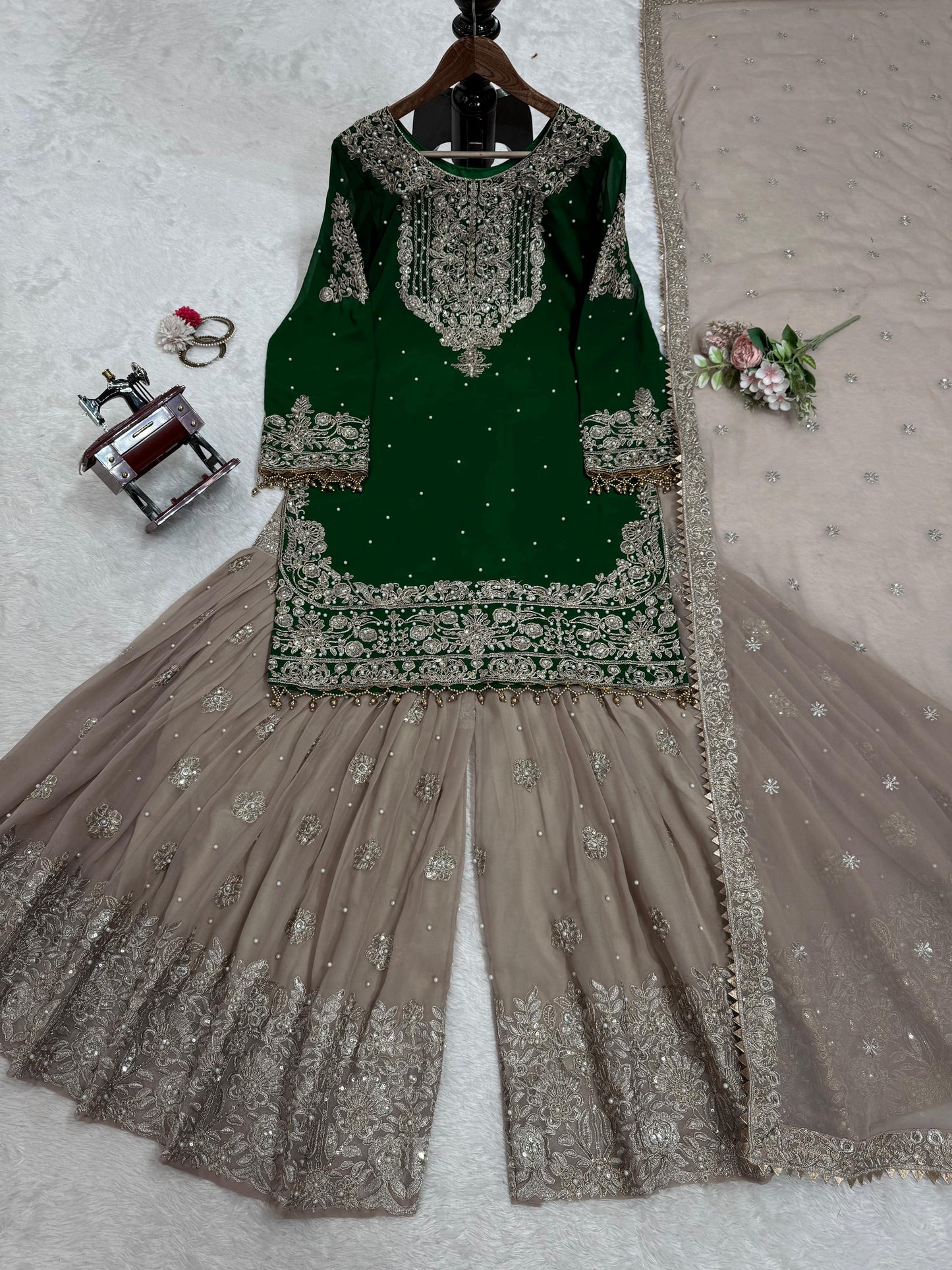 Wedding Wear Green Color Faux Georgette With Coding And Sequence With Pearl Work Beautiful Designer Sharara Suit