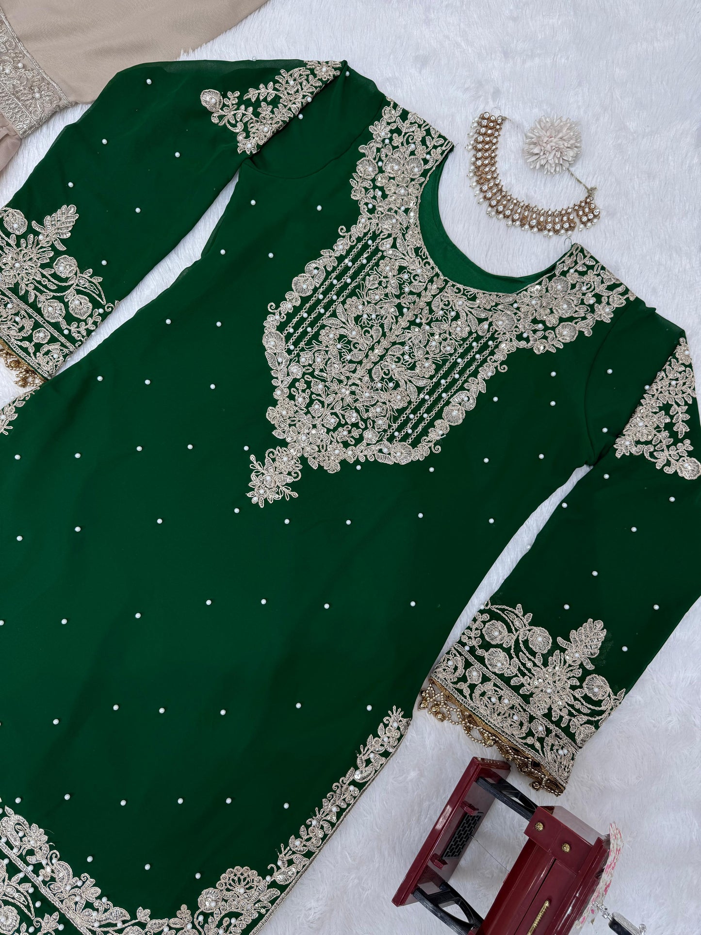 Wedding Wear Green Color Faux Georgette With Coding And Sequence With Pearl Work Beautiful Designer Sharara Suit