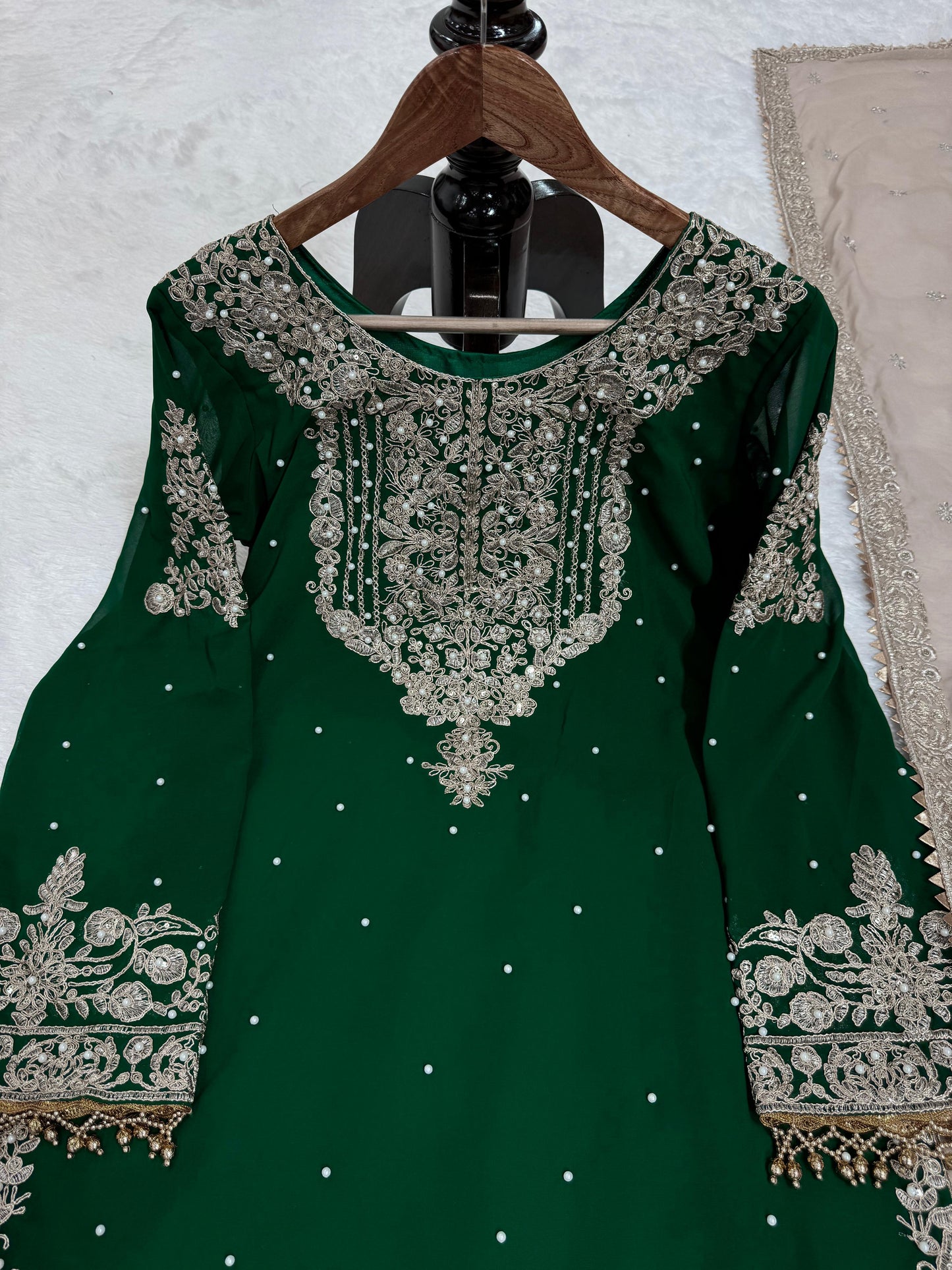 Wedding Wear Green Color Faux Georgette With Coding And Sequence With Pearl Work Beautiful Designer Sharara Suit