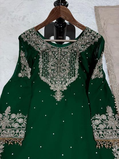 Wedding Wear Green Color Faux Georgette With Coding And Sequence With Pearl Work Beautiful Designer Sharara Suit