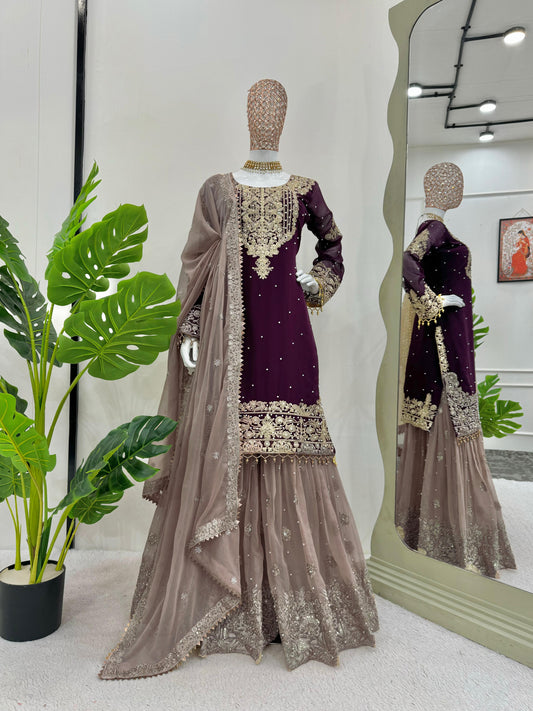 Wedding Wear Brown Color Faux Georgette With Coding And Sequence With Pearl Work Beautiful Designer Sharara Suit