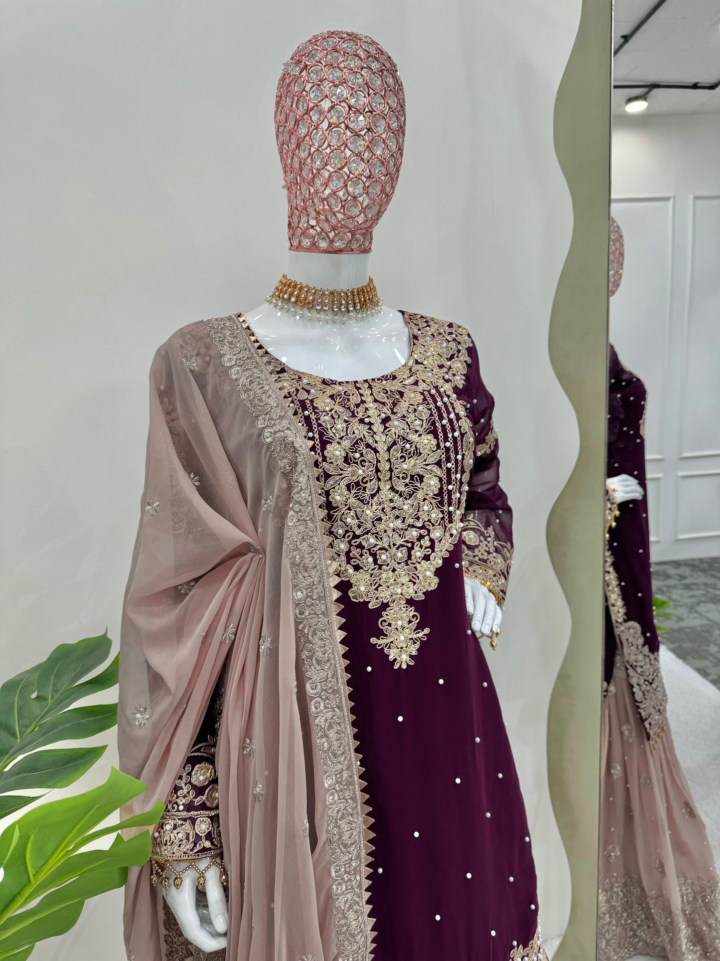 Wedding Wear Brown Color Faux Georgette With Coding And Sequence With Pearl Work Beautiful Designer Sharara Suit