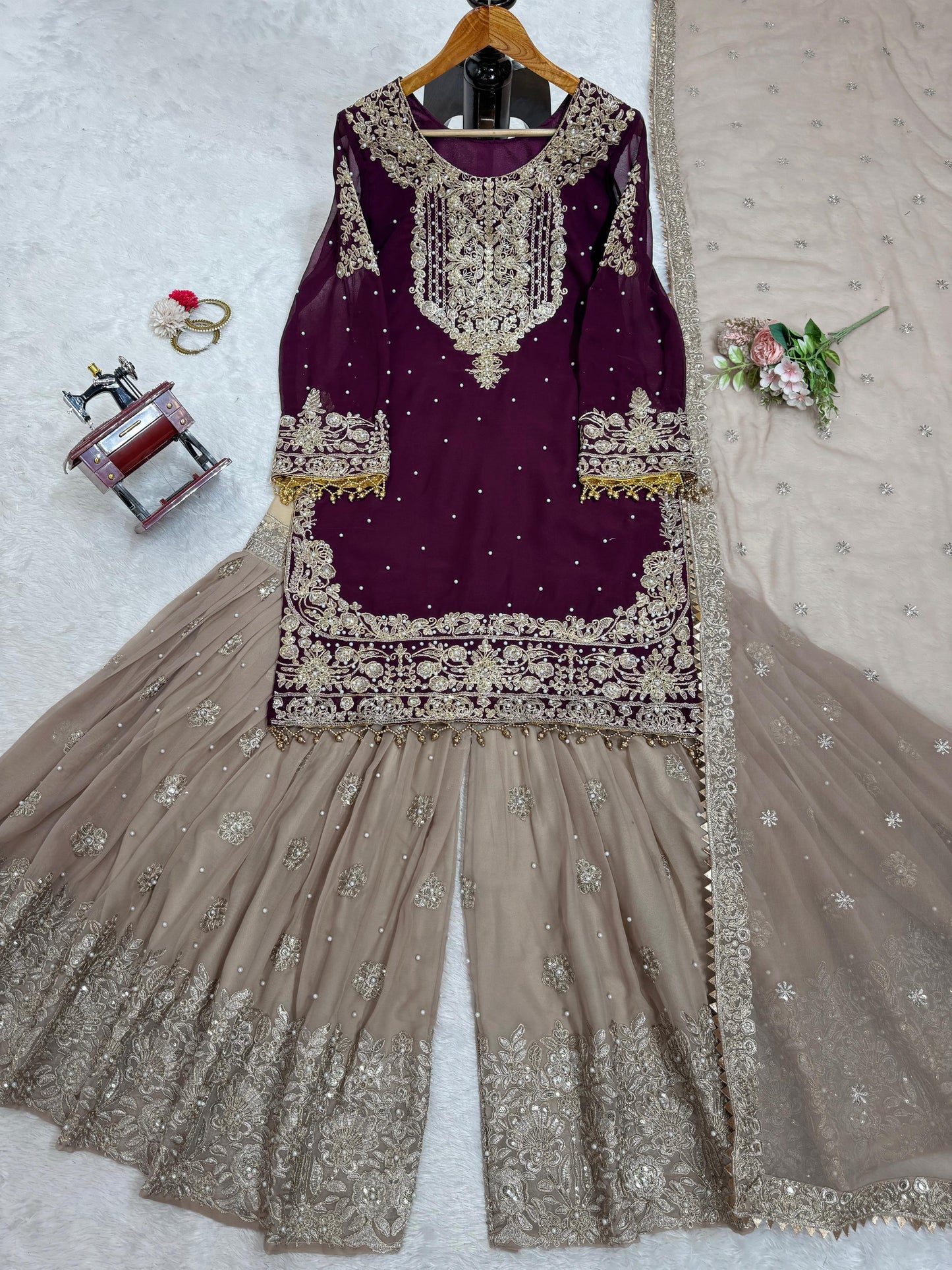 Wedding Wear Brown Color Faux Georgette With Coding And Sequence With Pearl Work Beautiful Designer Sharara Suit