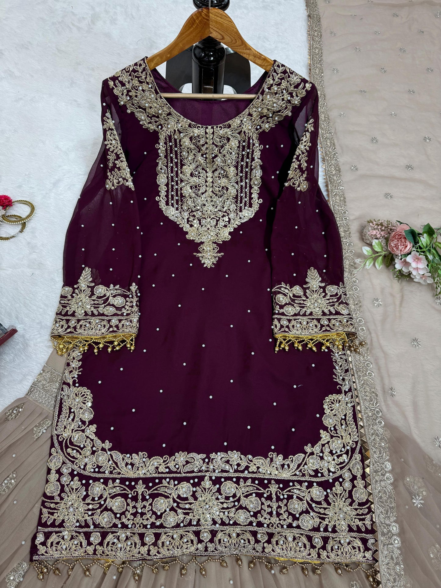 Wedding Wear Brown Color Faux Georgette With Coding And Sequence With Pearl Work Beautiful Designer Sharara Suit