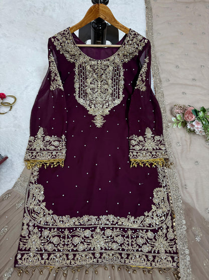 Wedding Wear Brown Color Faux Georgette With Coding And Sequence With Pearl Work Beautiful Designer Sharara Suit
