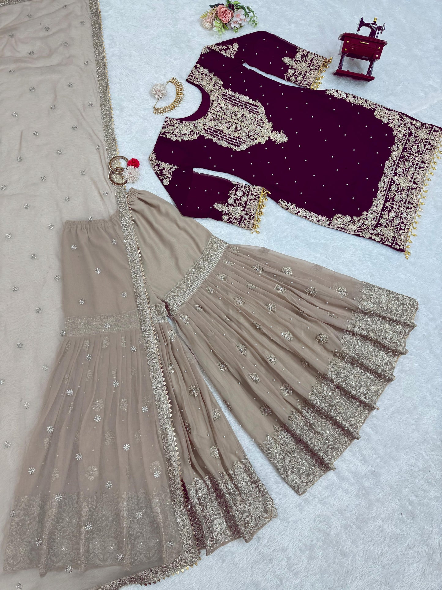Wedding Wear Brown Color Faux Georgette With Coding And Sequence With Pearl Work Beautiful Designer Sharara Suit