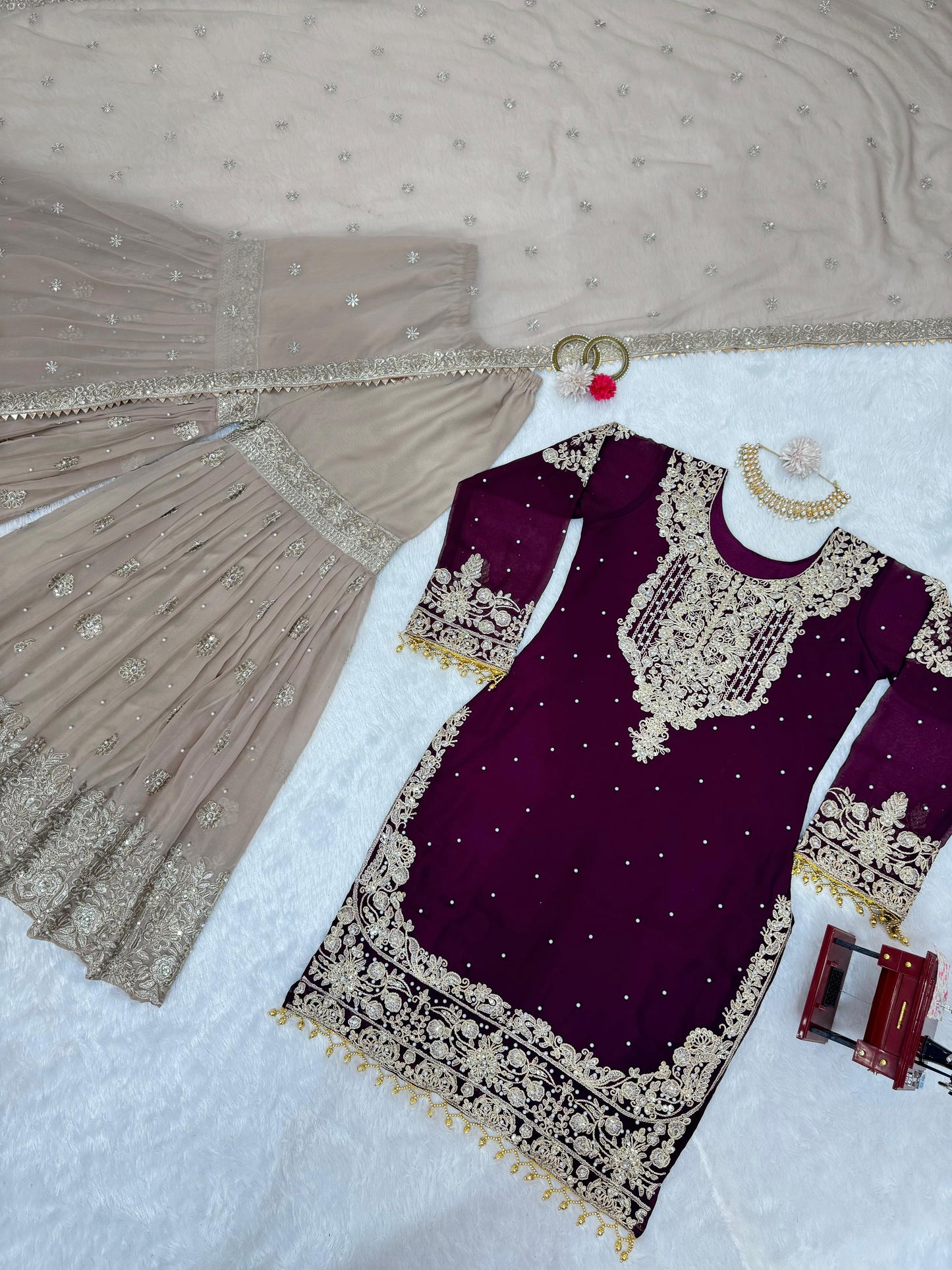 Wedding Wear Brown Color Faux Georgette With Coding And Sequence With Pearl Work Beautiful Designer Sharara Suit