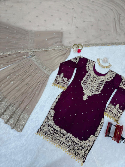 Wedding Wear Brown Color Faux Georgette With Coding And Sequence With Pearl Work Beautiful Designer Sharara Suit