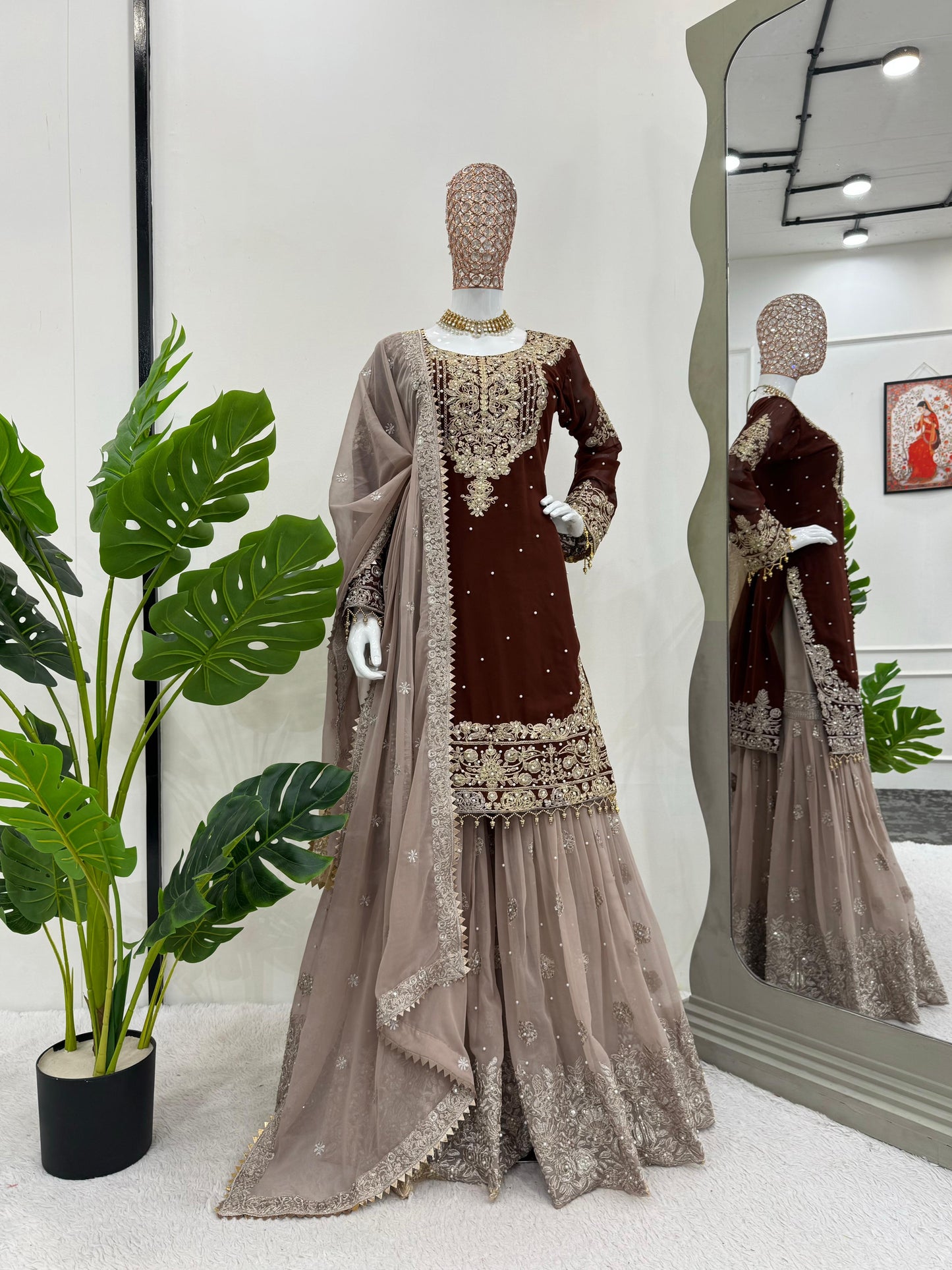 Wedding Wear Brown Color Faux Georgette With Coding And Sequence With Pearl Work Beautiful Designer Sharara Suit