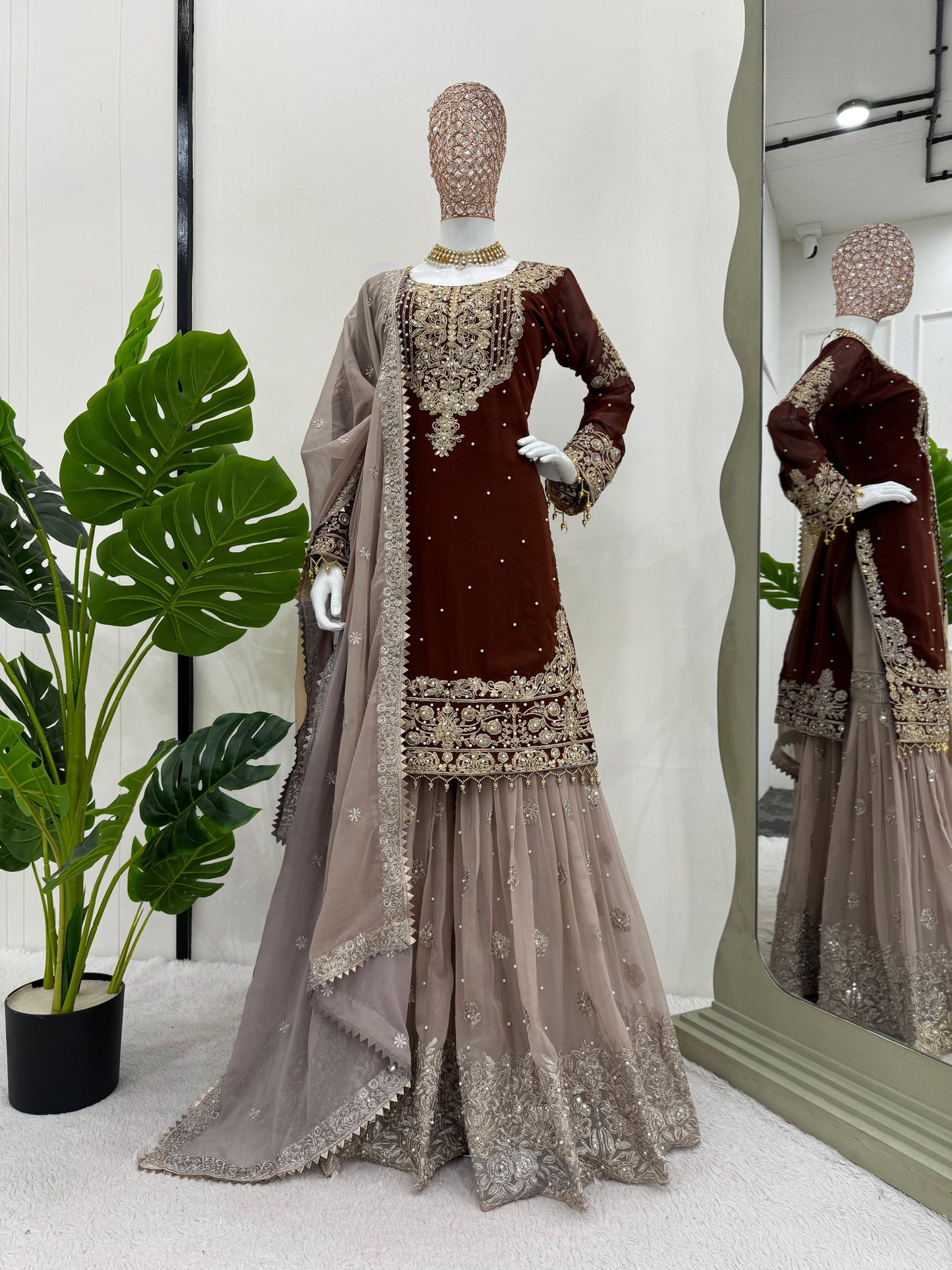 Wedding Wear Brown Color Faux Georgette With Coding And Sequence With Pearl Work Beautiful Designer Sharara Suit