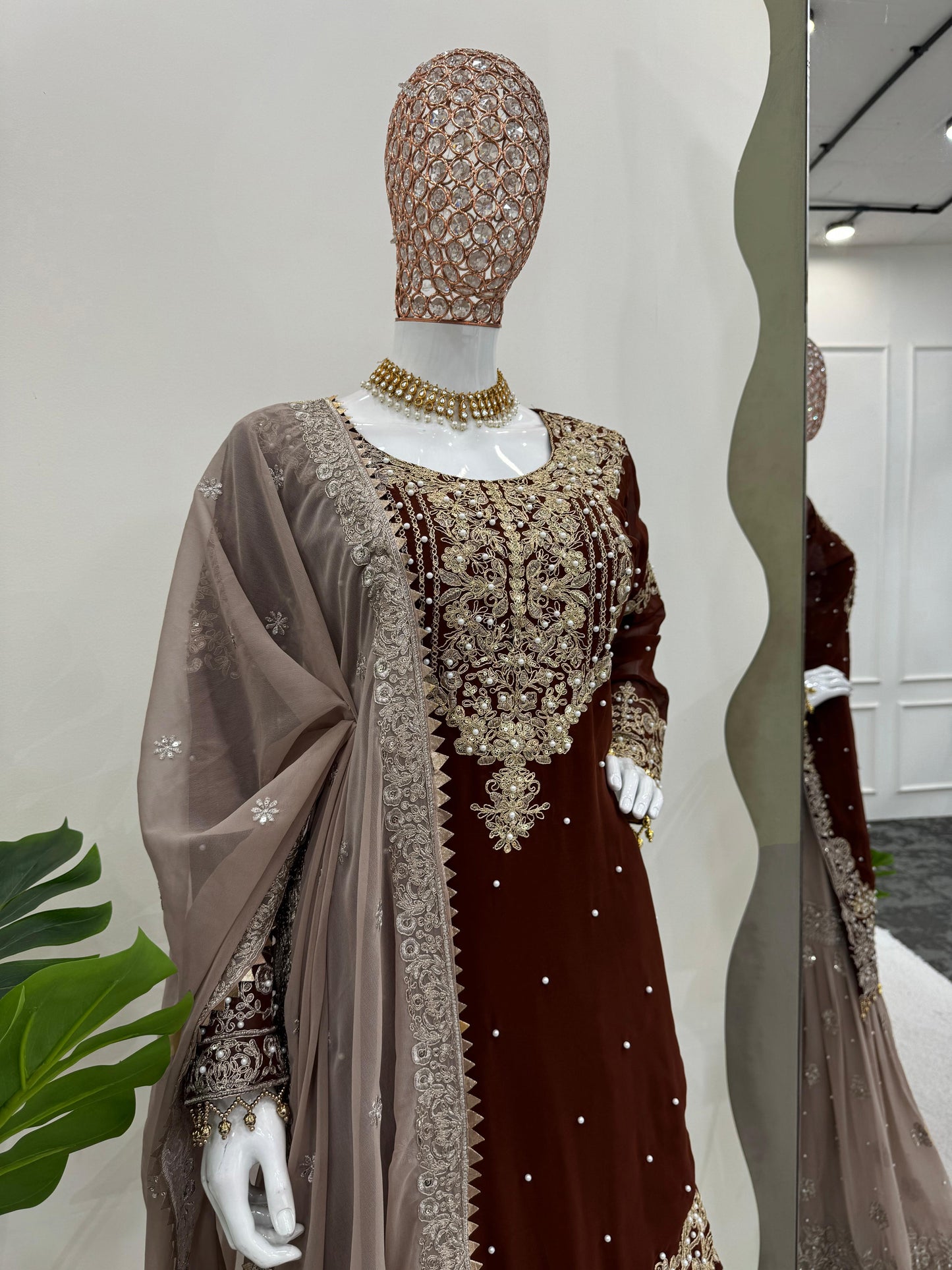 Wedding Wear Brown Color Faux Georgette With Coding And Sequence With Pearl Work Beautiful Designer Sharara Suit