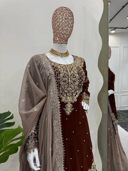 Wedding Wear Brown Color Faux Georgette With Coding And Sequence With Pearl Work Beautiful Designer Sharara Suit