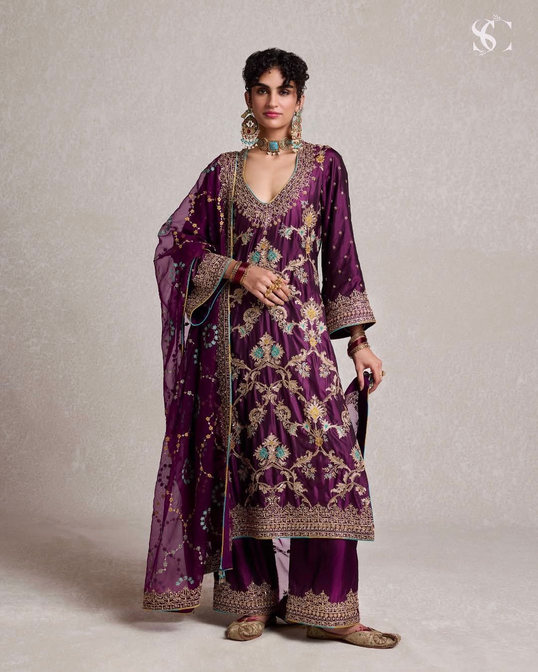 Wine Color Pure Chinon Silk With Heavy Embroidery Work Palazzo Suit Set